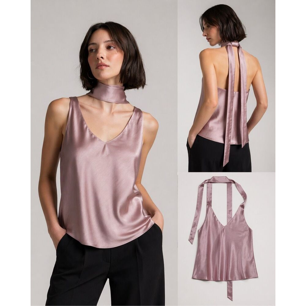 Wildfang “Empower” Satin Cami Halter Scarf Neck Tie Back Mauve M NWT - Picture 12 of 12